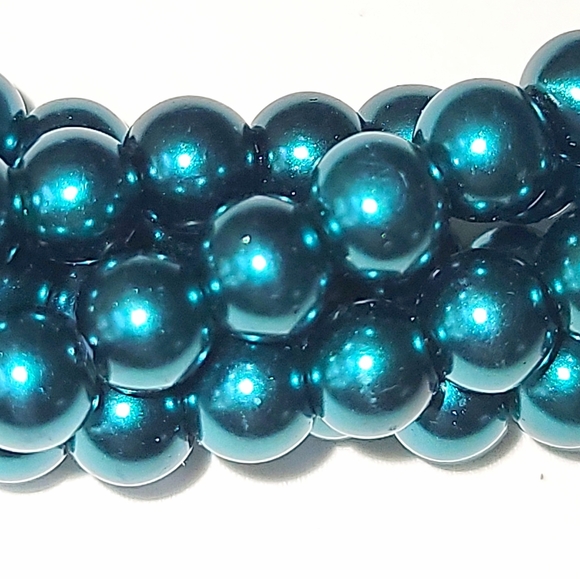 Peacock Teal Faux Pearl, MultiStrand(Torsade)Twisted Necklace Silvertone - Picture 4 of 5